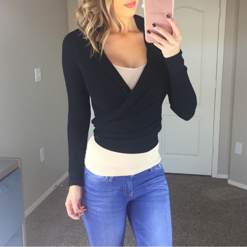 BCBGMaxAzria Black Ribbed Wrap Top